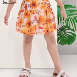Arias Woven Printed Knee Length Tiered Skirt With Lining And Ruching Tie Up Detail- Orange-image-21