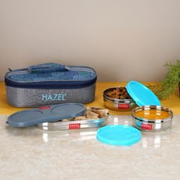 HAZEL Steel Tiffin Box with lunch bag Stainless Steel Tiffin Boxes for Lunch Box Set of 3 Leak Proof Lunch Box  - Blue-image-4