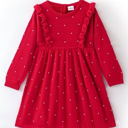 Babyhug Knit Full Sleeves Woolen Dress Polka Dot Design- Red-image-81