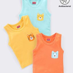 Babyhug 100%  Antibacterial Sleeveless Sando Vests Tiger Print Pack Of 3- Orange Yellow & Blue-15