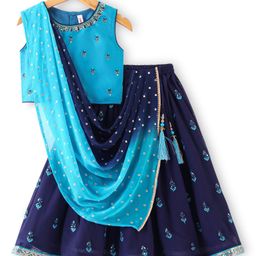Babyhug Sleeveless Lehenga Choli & Dupatta Set with Floral Embroidery - Navy Blue-image-5