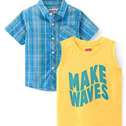 Babyhug Cotton Woven Half Sleeves Checked Shirt With Text Print T-Shirt - Blue-image-34