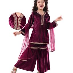 Earthy Touch Velvet Knit Kurta Gharara Set with Dupatta - Purple-image-52