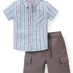Babyhug 100% Cotton Knit Half Sleeves Striped Shirt & Shorts Set - Grey-image-22