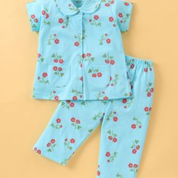 Fido Single Jersey Knit Half Sleeves Night Suit Floral Print - Blue-image-96