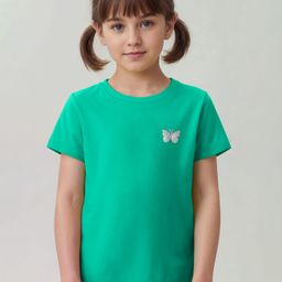 Pine Kids Cotton Knit Half Sleeves T-Shirt with Shimmered Butterfly Print - Sea Green-image-49