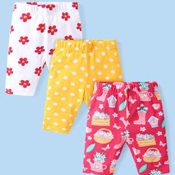 Babyhug Cotton Lycra Knit  Three Fourth Leggings with Floral & Polka Dots Print  Pack of 3 - Pink Yellow & White-image-91