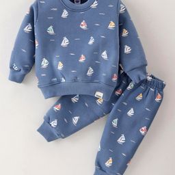Teddy Fleece Knit Full Sleeves Winter Wear T-Shirt & Lounge Pant Set Boat Print - Blue-12