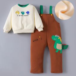 Kookie Kids Full Sleeves T-Shirt & Dungaree with Dino Print & Applique - Brown-picture-11