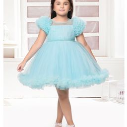 Ministitch Sleeveless Ruffle Detailed & Stone Embellished Pleated Yoke Dress - Blue-image-86