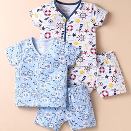 OHMS Single Jersey Knit Half Sleeves Short Night Suit with Nautical Theme & Animal Print Pack of 2 - Light Blue & White-image-62