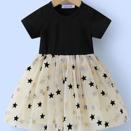 Mark & Mia Half Sleeves Party Frock with Star Glitter Print & Embroidery - Black-image-9