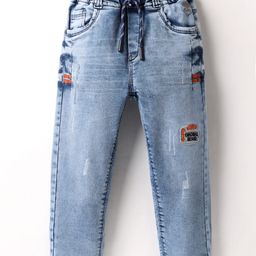 Olio Kids Woven Full Length Denim Jeans With Text Embroidery & Distressed Pattern - Light Blue-image-79