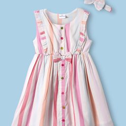 Mark & Mia Cotton Woven Sleeveless Frock & Headband With Stripes Bow Applique & Frill Detailing - White & Pink-image-93