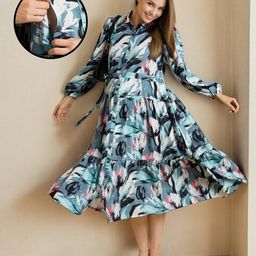 MomToBe Rayon Full Puffed Sleeves Floral Printed Maternity Dress With Nursing Access - Multi Colour-image-98