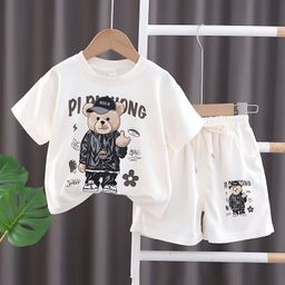 Googo Gaaga Cotton Half Sleeves Teddy Bear Printed Tee With Coordinating Shorts Set - White-image-100