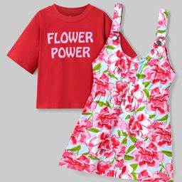 OLLINGTON ST. Cotton Half Sleeves Top & Floral Printed Knit Pinafore - Red & Multicolor-picture-20