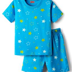 Babyhug Cotton Knit Half Sleeves Short Co-Ord Night Suit with Star Print - Blue-image-17