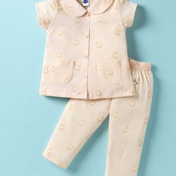 Teddy Cotton Knit Front Open Half Sleeves Co-ords Night Suit With Cat Print - Beige-image-64