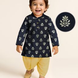 EARTHY TOUCH Single Jersey Knit Mandarin Collar Full Sleeves Kurta Dhoti Set with Floral Foil Print - Navy Blue-image-94