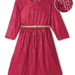 Hola Bonita Knit Full Sleeves Party Dress With Sequin Detailing & Belt - Red-picture-15