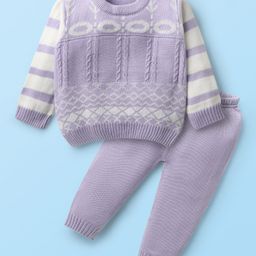 Babyhug Knitted Full Sleeves Pullover Sweater Set with Cable Knit & Fair Isle Design - Lavender-image-94