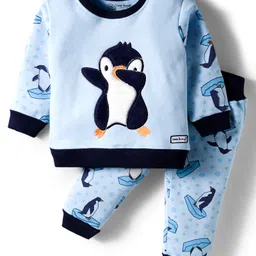 Little Darlings Fleece Knit Full Sleeves Winter Wear Night Suit With Bird Embroidery - Light Blue-picture-5