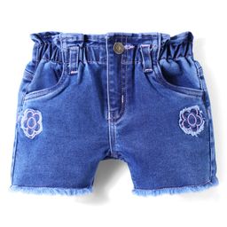 Olio Kids Denim Knit Above Knee Length Solid Colour Shorts With Floral Embriodery - Blue-image-30
