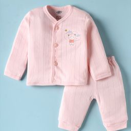 Zero Knitted Full Sleeves Front Open Night Suit With Teddy Print - Light Print-picture-13