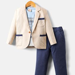 Rikidoos Full Sleeves Textured Blazer With Typography Printed Tee & Pant Set - Beige & Navy Blue-picture-49