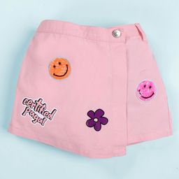Kiddopanti Cotton Woven Certified Pagal Text Printed & Smiley Badge Detailed Over Lap Skort - Pink-picture-3