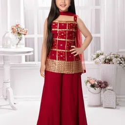 Tiny Kingdom Girls Geometric Woven Design Shoulder Straps Kurti With Palazzo And Dupatta-image-99