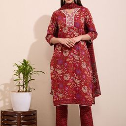 FASHOR Floral Printed Sequinned Pure Cotton Straight Kurta With Trousers & Dupatta-image-99