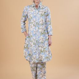NEYSA Floral Printed Shirt Collar Pure Cotton Tunic With Trousers-image-48