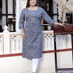Jevi Prints Ethnic Motifs Block Printed Round Neck Straight Pure Cotton Kurta-picture-1
