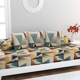 HOME AFFAIRS 6-Pcs Beige & Blue Printed Cotton 160 Thread Count Cotton Single Diwan Set-39