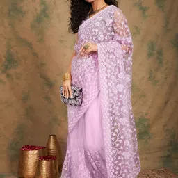SHADOW & SAINING Ethnic Motifs Embroidered Beads and Stones Net Saree-11