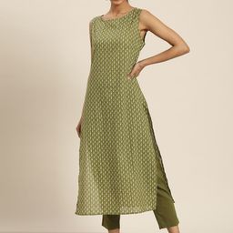 Sangria Women Olive Green Ethnic Motifs Printed Regular Pure Cotton Kurta with Trousers-image-73