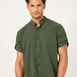 Styli Mandarin Collar Roll Up Sleeves Pure Cotton Regular Fit Shirt-picture-10