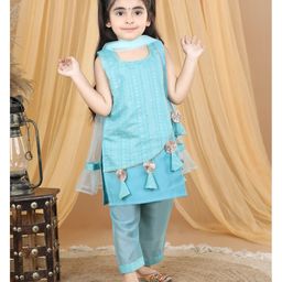 Kinder Kids Sleeveless Gota Lace Embellished & Tassel Detailed Embroidered Kurta With Salwar & Dupatta - Blue-image-83