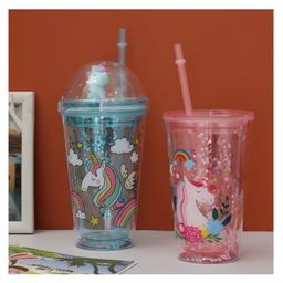 The Procure Store Unicorn Printed Sippers with Crystal Lid & Straw- Blue-83