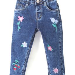 Babyhug Denim Washed Full Length Stretchable Jeans With Floral Embroidery - Blue-image-34