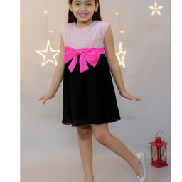 KIDSDEW Sleeveless Pleated & Bow Detailed Dress - Pink And Black-image-11