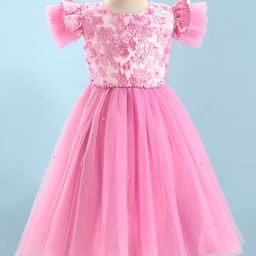 Mark & Mia Cap Sleeves Party Frock with Floral Embroidery & Beads Detailing - Pink-image-26