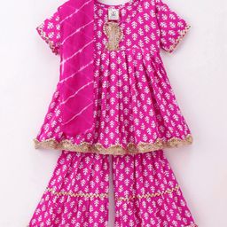 Teentaare Half Sleeves Kurta Sharara Set with Dupatta Printed Jaipuri Print - Pink-image-1