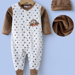 Kookie Kids Full Sleeves Rompers with Car Embroidery & Cap - Brown-image-8