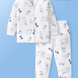 Babyoye Cotton Modal Knit Full Sleeves Front Open Thermal Inner Wear Set with Bear Print - White-image-54