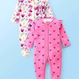 Babyhug Disney Cotton Knit Full Sleeves Sleep Suit with Minnie Mouse Graphics & Frill Detailing Pack of 2 - White & Pink-image-35