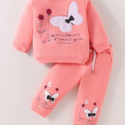 Kookie Kids Full Sleeves Butterfly Printed Winter Wear T-Shirt & Joggers Set with Patch- Pink-image-43