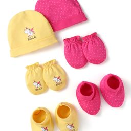 Doodle Poodle Interlock Knit Caps Mittens & Booties with Unicorn & Polka Dots Print Pack of 2- Dark Pink & Yellow-image-51